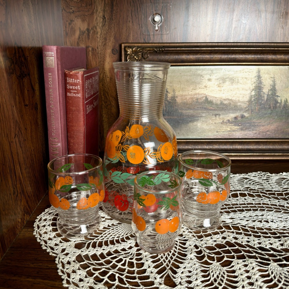 Vintage 4 Piece Hazel Atlas Orange Juice Carafe and Glass Set